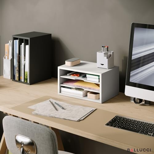 Ballucci File Organizer, 3-Tier Document Paper Sorter, Stackable Wood Desk Organizer, Mail Sorter and Monitor Stand with Storage Shelves, White by Ballucci - Image 2