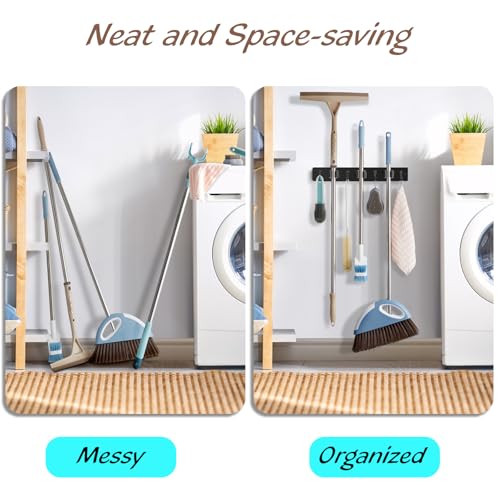 Image of OUTNILI Black Mop Broom Holder Wall Mount with 3 Slots & 4 Hooks - Wood Broom Mop Hanger for Pantry Kitchen Organization - Garden Tool Organizer for Closet Laundry Room