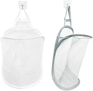 2 Pack Foldable Mesh Hanging Laundry Hamper Grey White | 15.87"x12.28", breathable polyester, space-saving, portable, for clothes, toys, sundries, fits home, dorm, hotel, RV.