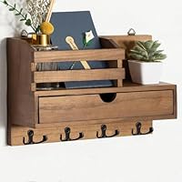 Irayin Schlüsselbrett Holz mit Ablage, Schlüsselhalter Holz mit 4 Doppel Schlüsselhaken und Aufbewahrungsschublade, Wand Schlüsselboard für Eingangsbereich, Flur, Wohnzimmer, Büro - Braun