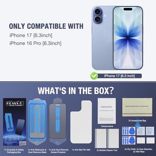 Image of 2-Pack Matte Screen Protector for iPhone 17, iPhone 16 Pro 6.3-inch, 9H Tempered Glass, Full Coverage, Anti-Fingerprint, Auto Dust-Elimination, No Bubble, Easy Installation