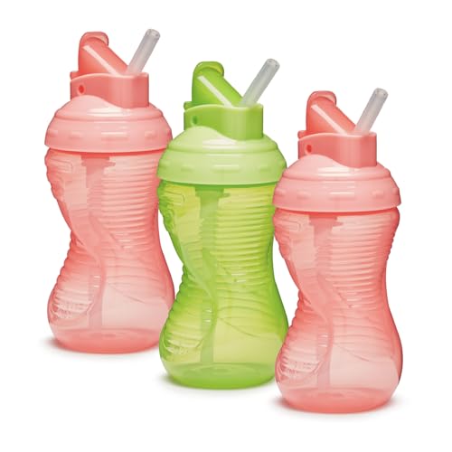 Munchkin Mighty Grip Cups with Straw | Trainer Toddler & Baby Bottle with Straw| BPA Free | Non Spill |Leakproof | Baby Weaning Cup from 12+ Months |Toddler Bottle 10oz/296ml| 3 Pack | Pink & Green