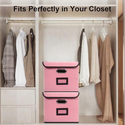 Tcbelosion File Storage Box with Lid, Foldable Large Capacity Organizer with Handle, Perfect for Home, Office, and Closet Organization(Pink)