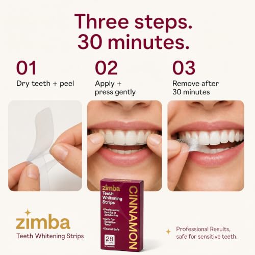 Image of Zimba Cinnamon Flavored Teeth Whitening Strips | Vegan, Enamel Safe Hydrogen Peroxide Teeth Whitener for Coffee, Wine, Tobacco, and Other Stains | 14 Day Treatment | Cinnamon
