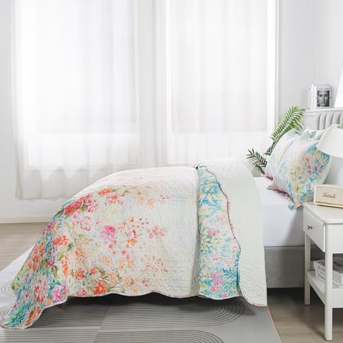 HoneiLife King Quilt Bedding Set - Floral Quilt Sets 3-Piece,Wildflower Bedspreads for King Bed, Microfiber Coverlets Botanical Bed Cover Quilt King Size All Season Quilts-Dream Garden,Coral Pink by HoneiLife - Used condition - Image 4