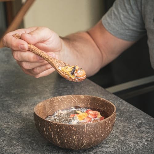 pandoo Kokosnuss Schalen 2er Set mit Kokos Löffel | 100% Naturprodukt | Plastikfreie Alternative - Handgefertigt mit Kokosöl poliert | Coconut Bowls Schüsseln | Müslischale, Kokosnuss Schale