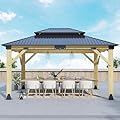 GARTOO 13’x15’ Outdoor Wooden Gazebo - Patio Galvanized Steel Wood Gazebo with Double Vented Roof, Heavy-Duty Cedar Gazebo for Garden, Lawn, Backyard Deck, Poolside
