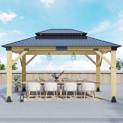 GARTOO 13’x15’ Outdoor Wooden Gazebo - Patio Galvanized Steel Wood Gazebo with Double Vented Roof, Heavy-Duty Cedar Gazebo for Garden, Lawn, Backyard Deck, Poolside