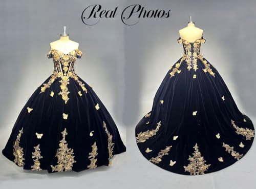 Ftupza Velvet Quinceanera Dresses with Gold Embroidery Applique Off Shoudler Butterfly Ball Gown for Sweet 15 16 Dresses4