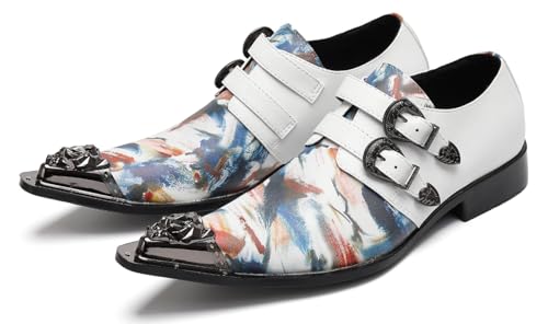 Santimon Men’s Double Monk Strap Loafers Party Dress Leather Shoes with Artistic Print & Metal Toe – Slip-On Buckle Colorful Loafers for Wedding Stage Bar