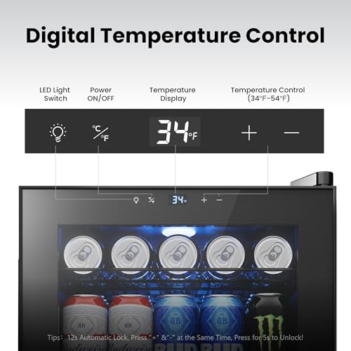Image of Yeego Countertop & Freestanding Beverage Fridge, 85-Can Mini Drink Refrigerator with Glass Door, Adjustable Shelves, Digital Temperature Control 34-54F, Compact Cooler for Kitchen, Office, Bar