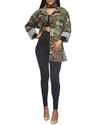 ZiXing Femmes Poches Camouflage Militaire Vintage Vestes Longues Manteaux Camo M