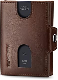 HOCRES® Genuine Leather Credit Card Holder, Slim Wallet Mens, RFID Blocking Wallet with Zip Coin Pocket, Banknote Compartment, 5 Slots for Cards, ID Window, Minimalist Wallets for Men with Gift Box