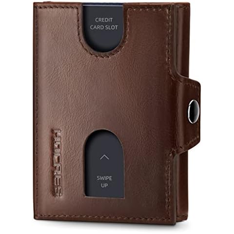 HOCRES® Genuine Leather Credit Card Holder , Slim Wallet Mens, RFID Blocking Wallet with Zip Coin Pocket, Banknote Compartment, 5 Slots for Cards, ID Window, Minimalist Wallets for Men with Gift Box Cover