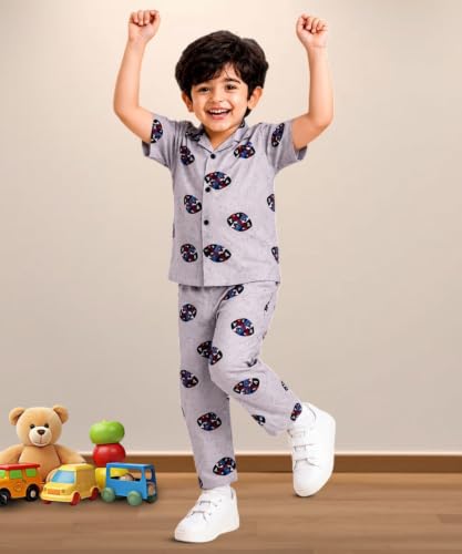 Image of 3BROS Unisex Pure Cotton Short Sleeve Kids Night Dress for Boys & Girls Nightwear /Sleepsuit /Sleepwear /Loungewear Night Suit for Boys and Girls Top and Pyjama Combo Set