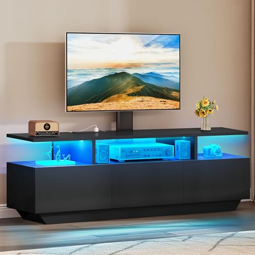 YITAHOME Modern TV Stand with Mount, Entertainment Center with Power Outlet for 65 inch TVs, LED Lights TV Console with Storage for Living Room, Black Black with mount&3 doors