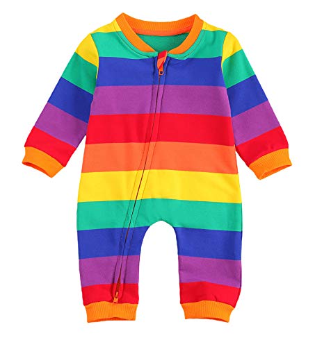 Newborn Baby Girls Boys Rainbow Striped Romper Zipper Front Footies One Piece Sleeper Clothes (Rainbow, 6-12 Months)