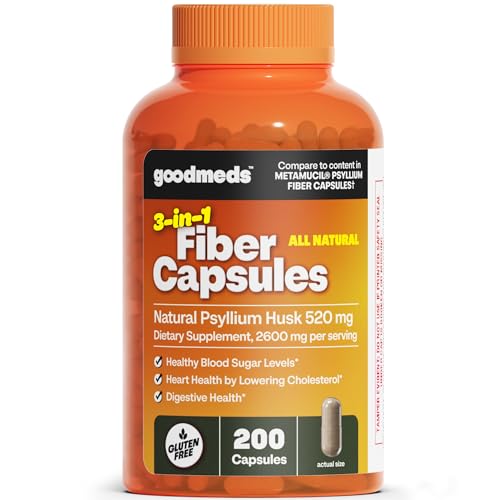 GoodMeds Psyllium Husk Fiber 520mg Capsules Supplement Soluble Dietary Colon Support for Women and Men, Restore Digestive Regularity and Balance (200 Count)