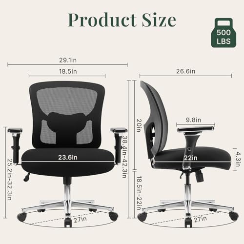 Image of DUMOS Big and Tall Office Desk Chair, Ergonomic Mesh Computer Chair | Comfortable Lumbar Support, 4D Armrest, 500lbs Heavy Duty, Wide Seat, 360 Swivel Rolling Wheels, Adult, Ink