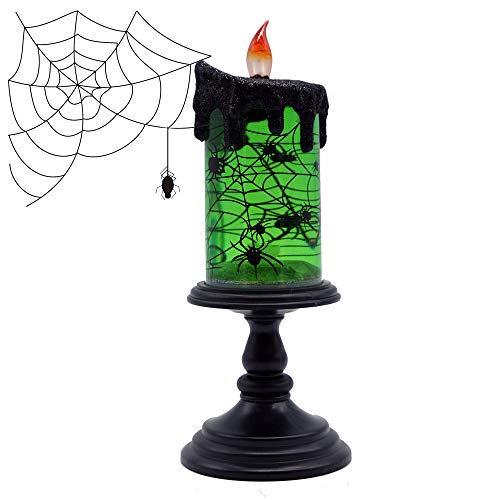 Image of Halloween Flameless Candle Snow Globe Battery Operated with 6 Hour Timer, Green Light Spider Decal Water Tornado Lamp LED Candlestick Halloween Season Decor Gift 4 x 10 Inches
