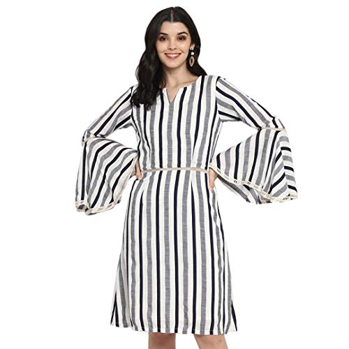 Image of DEEBACO Women's A Line /Fit & Flare Knee Length Dresses for Women Bell Sleeve Printed Striped Dress Midi for Girls Western Lace Dresses (Pink, Blue, Green, Yellow)