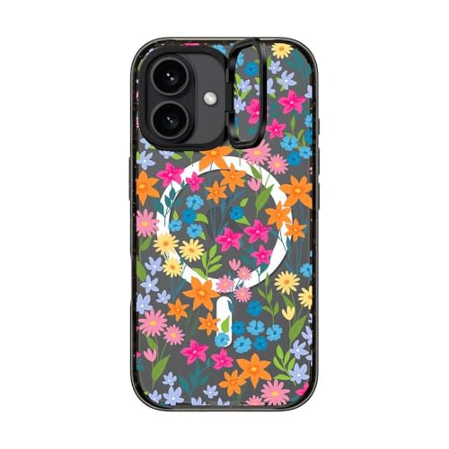 Coque iPhone 16 béquille antichoc compatible Magsafe CASETiFY noir transparent design fleuri - 5