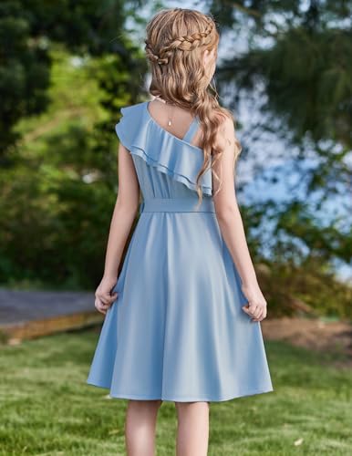 Arshiner Girls Dress One Shoulder Formal Ruffle Trim Birthday Party Dresses with Belted Pockets for 5-12 Years3