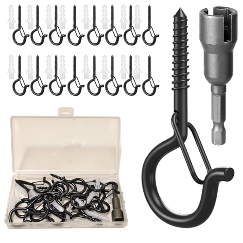 Uni-Fine - Paquete de 20 ganchos de tornillo de 55 x 4 mm, ganchos para exteriores para atornillar en taza, pared, armario, techo, con hebillas de seguridad, colgador Q para plantas, Navidad al aire