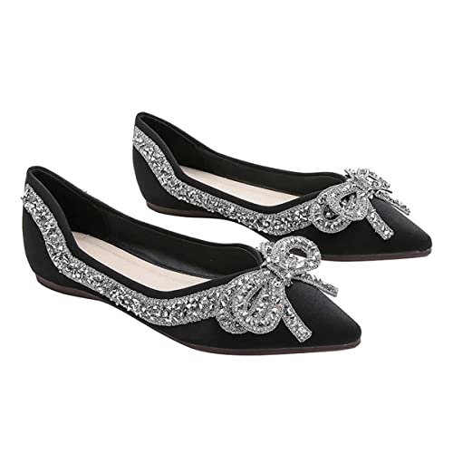 TN TANGNEST Women's Pointed Toe Flats Rhinestone Bow Flat Dress Shoes Comfortable Slip on Flat Shoes - Main Image