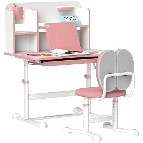 Qaba Kids Desk and Chair Set, Height Adjustable Kids School Study Desk and Chair Set with Tilt Desktop, Storage Drawer and Reading Rack for Writing, Reading and Drawing, Pink