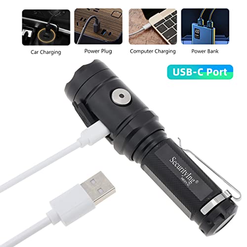 Securitying Usb Rechargeable Led Flashlight,1800Lm 7 Modes Super Bright Waterproof Led Torch With Pocket Clip And Type-C Cable, Powered By 21700 / Cr123A Battery (Not Included) #TOP4