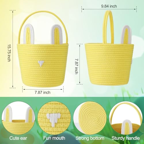 Image of Suzile 4 Pcs Easter Basket with Bunny Ears for Kids Cotton Woven Easter Egg Hunting Rabbit Shape Basket for Children Kids Babies Party Gifts, 9.8 x 7.8 x 7.8