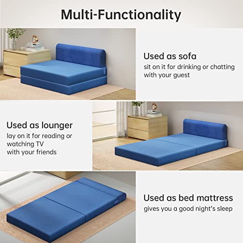 Mohope 36.2" Fold Down Sofa Bed Sleeper Sofa Guest Chaise Lounge Floor Couch Convertible Upholstered Foam Bed Chair For Living Room Bedroom, 72.82" X 36.2" X 4.9''(Flocking Velvet, Navy Blue) #TOP5