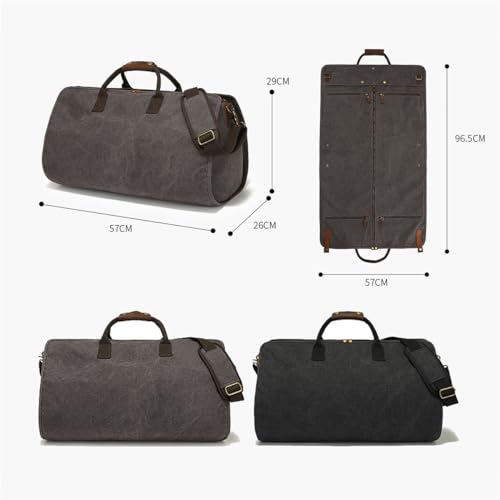 Waxed Canvas Leather Suit Luggage Garment Bag, 2 In 1 Hanging Suitcase Suit Business Travel Bag with Shoulder Strap (Black)2