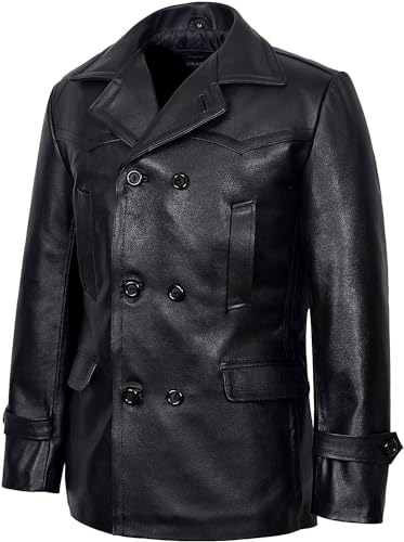 Image of Crafter Men's Kriegsmarine German Ww2 Dr Who Reefer Hide Leather Jacket Coat Four Button Leather Car Coat - Pea Coat for Mens