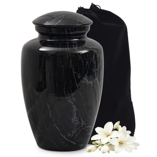 Image of Large Black Marble Finish Urn for Ashes Adult Male Female | Large Cremation Urn for Human Ashes Men and Women,Memorial Urn for Dad /Father /Grandpa /Brother(Includes Velvet Bag)