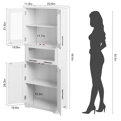 GAOMON Tall Bathroom Cabinet, Freestanding Storage Cabinet with Glass Doors and Adjustable Shelves and Drawers, 67" Tall Cabinet for Kitchen, Pantry, Living Room,White