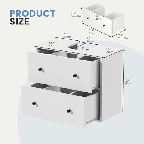 YITAHOME Armadietto da bagno sotto il lavandino, da parete sotto il lavandino, contenitore per bagno con 2 cassetti, armadietto per carta igienica, mobile da toeletta, 60 x 30 x 50 cm, per bagno - Immagine 1