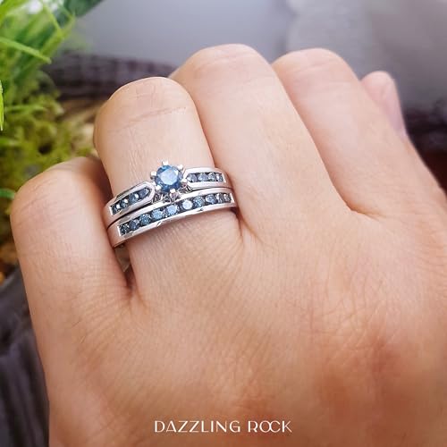 Dazzlingrock Collection 1.00 Cttw 14k Solid Gold Round Blue Diamond Womens Bridal Engagement Ring Set with Matching Band2