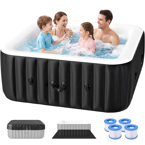 Blow Up Inflatable Hot Tub, 4-6 Person Large Square Portable Hot Tub, Leak-Proof PVC Outdoor Spa with 130 Air Jets, Heater Pump and Insulated Cover, 73” X 73”X 25”