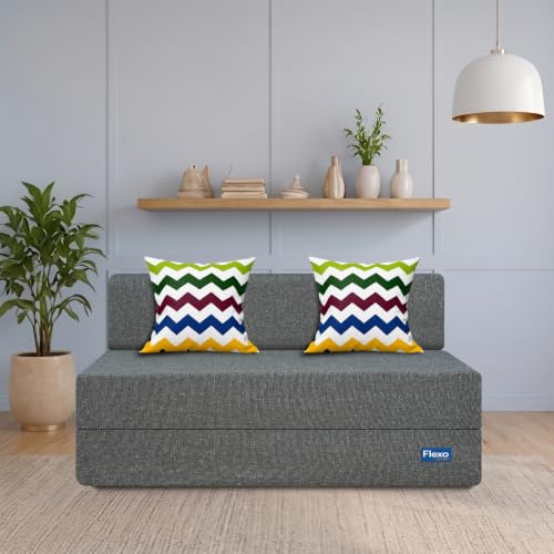 Image of Starlon 3 Seater Foldable Sofa Cum Bed 3-in-1 with 2 Waves Pattern Pillows, Washable Jute Fabric Cover, Space Saving Guest Bed, Pre-Assembled Ash Gray 5x6 Ft