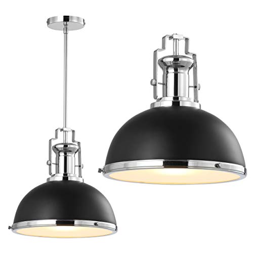 Image of JONATHAN Y Homer Industrial Dome Pendant 13 inch, Black /Chrome | 1-Light, Farmhouse Style, Adjustable Hanging Height, Glass Diffuser, Sloped Ceiling Compatible, Metal, LED Bulb Included