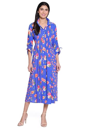 john mark Women's Wire Collar Mix Print Button Front Dress with Cinch Tie Sleeves