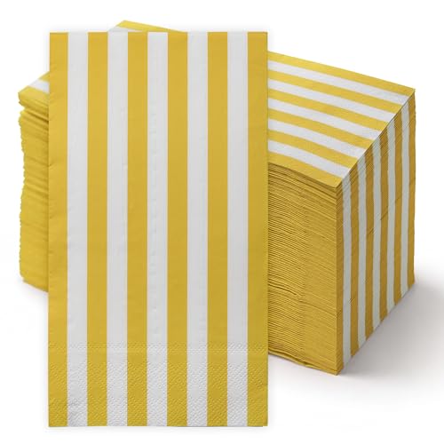 100 Yellow Stripe Guest Napkins 3 Ply Disposable Paper Hand Towels