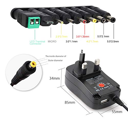 مصدر طاقة يونيفرسال 30 واط بتيار متردد مستمر مع 8 مقابس تحويل لـ 3 4.5 5 6 7.5 9 12 فولت للاستخدامات المنزلية شريط ليد - تيار اقصى 2000 ميلي امبير يو اس بي مايكرو من سيبا