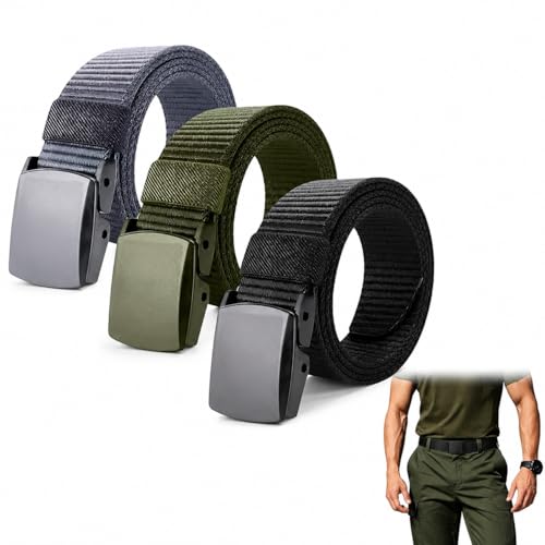 3 Pack Nylon Web Belt with Plastic Buckle Adjustable Tactical Waist Belt 1.5" Width 51" Length for Men Casual Outdoor Wear Black Army Green Grey