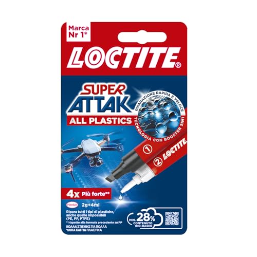 Loctite Super Attak Plastica, Colla per plastica istantanea, Adesivo liquido trasparente specifico per tutti i tipi di plastica, Colla cianoacrilica con attivatore, 2g+4ml