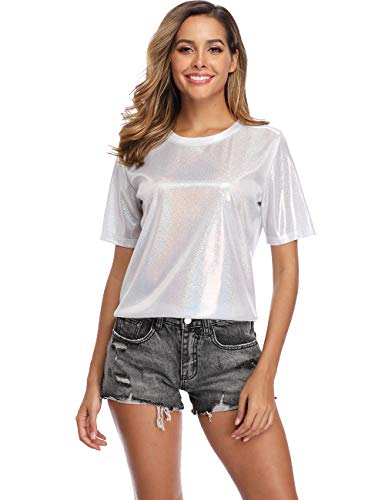 Wudodo Shiny Tops For Women Ultra Soft Loose Holographic Glitter Metallic Short Sleeves Print Blouse Hip Hop T-Shirt Silvery White X-Large #TOP3