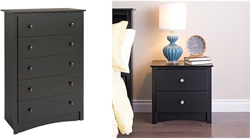 Prepac Sonoma - Cómoda alta tradicional de 5 cajones (HDC-3345) y mesita de noche de 2 cajones (BDC-2422) para almacenamiento en el dormitorio