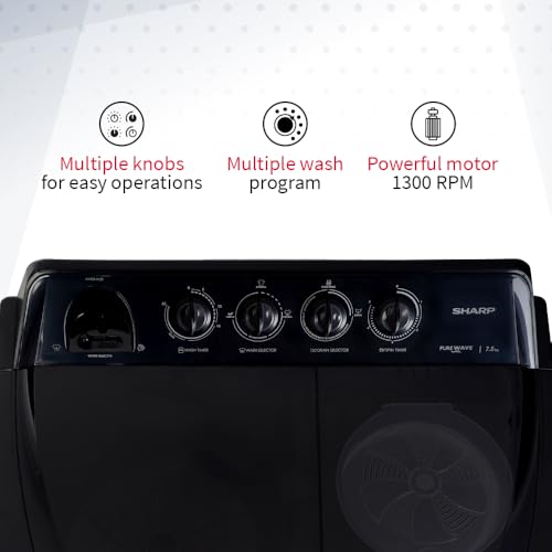 Image of SHARP 7.5 kg, 5 star Rating with E-Spin Pulsator,Semi-Automatic Top Loading Washing Machine, 1300 RPM (ES-SD75NB-TS, Steel Grey, Pure Wave)